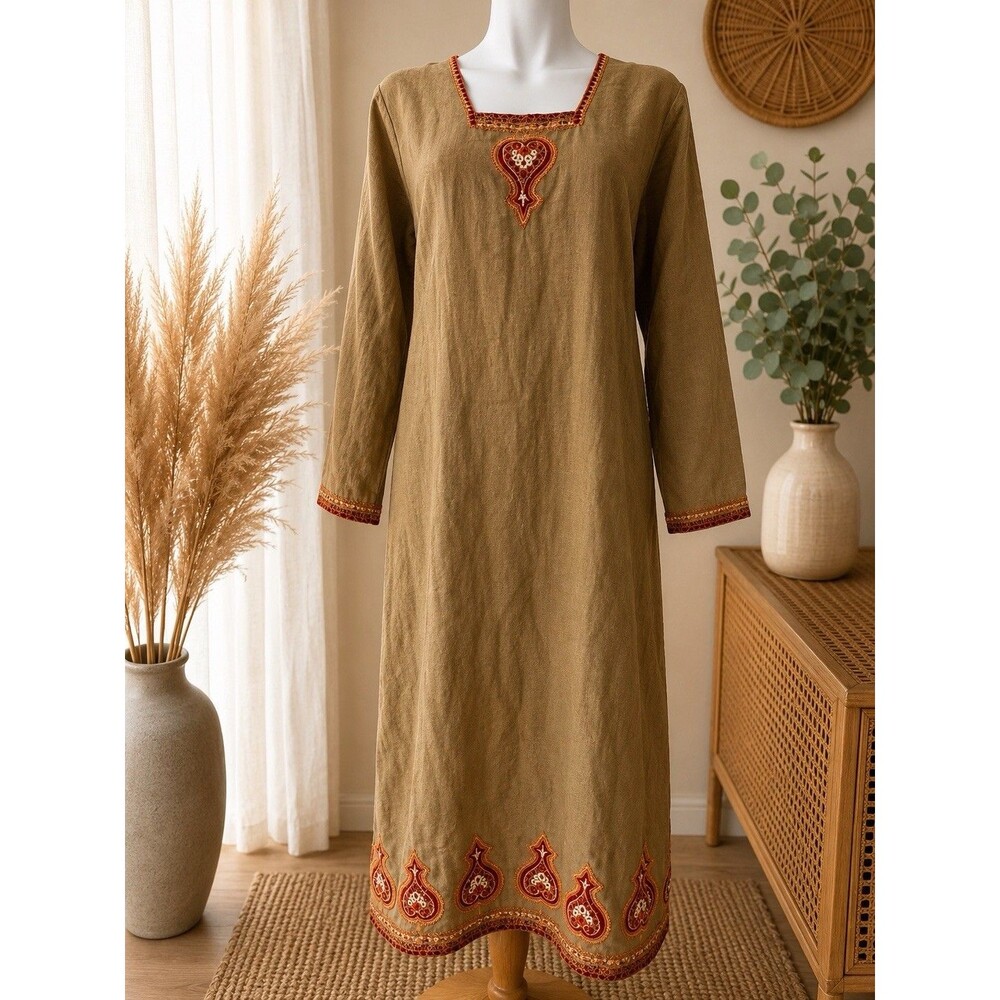 Unbranded Olive Green Tunic Dress Size Small Embroidered Indian Kurti Boho Top